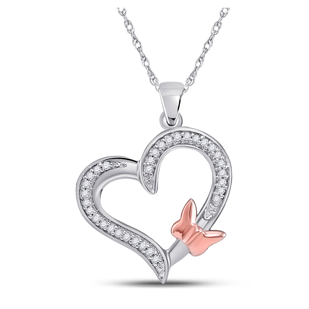 10kt White Gold Womens Round Diamond Heart Rose-tone Butterfly Bug Pendant 1/10 Cttw