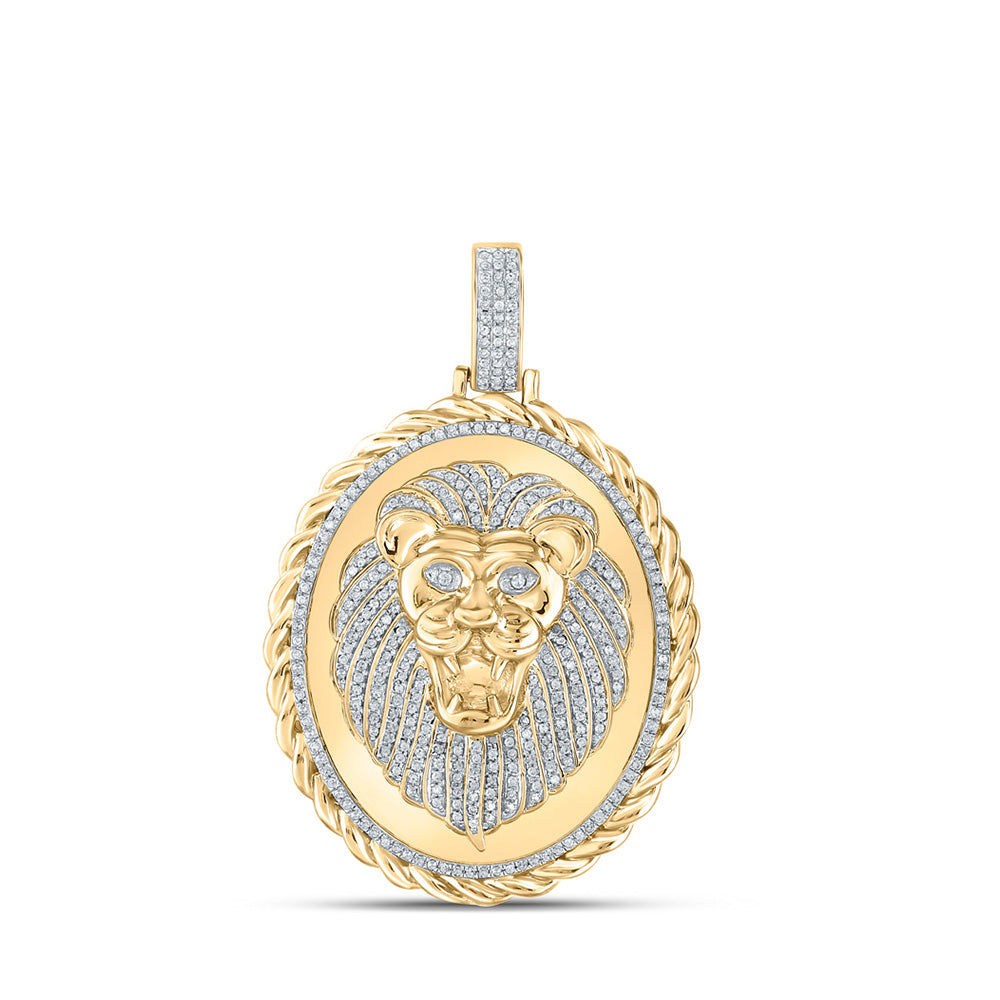 10kt Yellow Gold Mens Round Diamond Oval Lion Face Rope Charm Pendant 1 Cttw