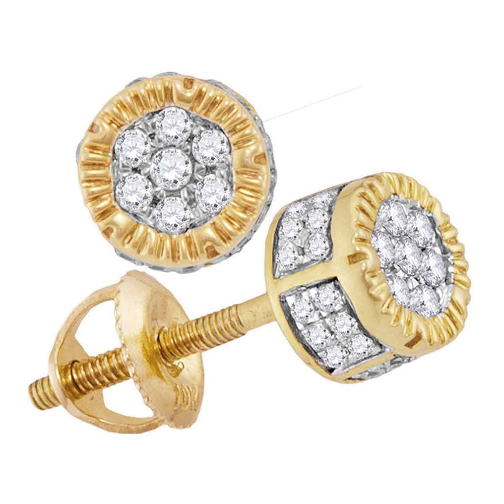 10kt Yellow Gold Round Diamond 3D Circle Cluster Stud Earrings 1/4 Cttw