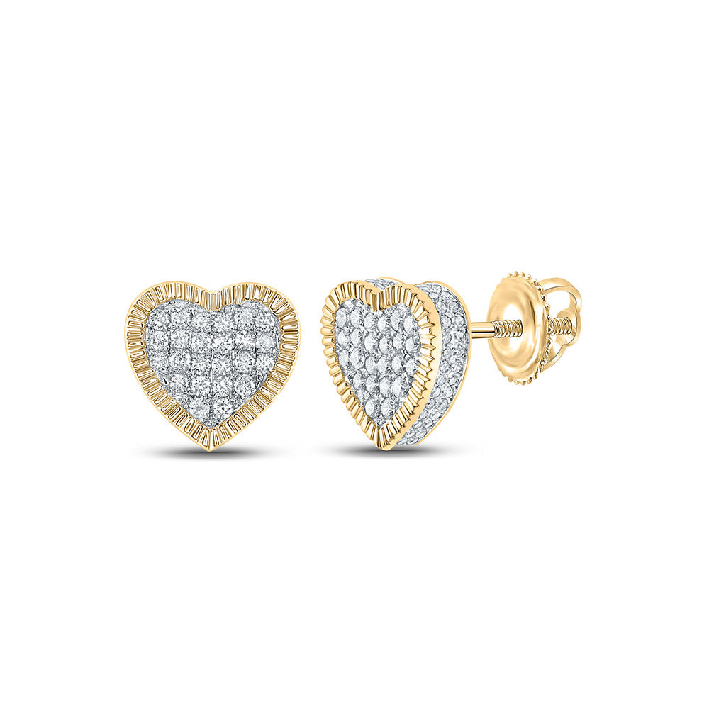 10kt Yellow Gold Womens Round Diamond Heart Fluted Cluster Stud Earrings 7/8 Cttw