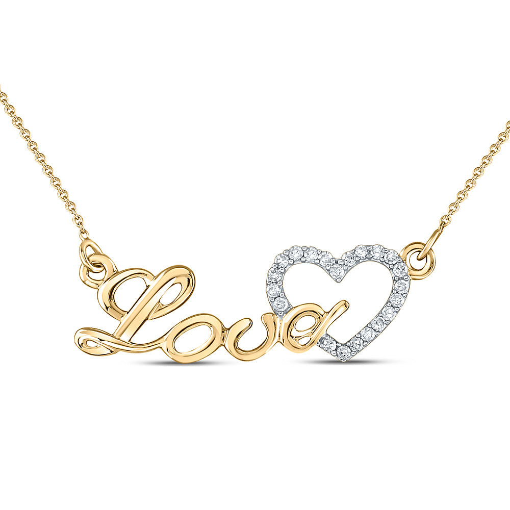 10kt Yellow Gold Womens Round Diamond Love Heart Necklace 1/12 Cttw
