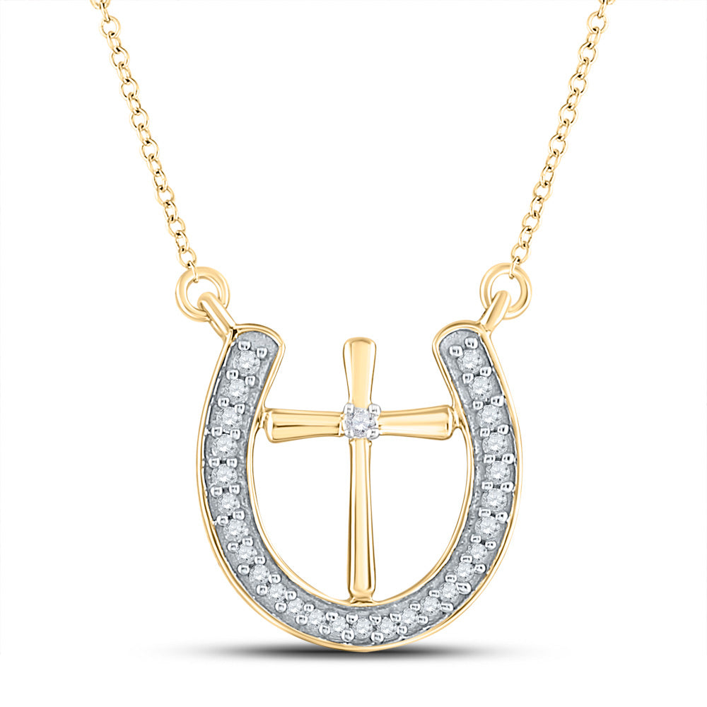 10kt White Gold Womens Round Diamond Cross Horseshoe Necklace 1/6 Cttw