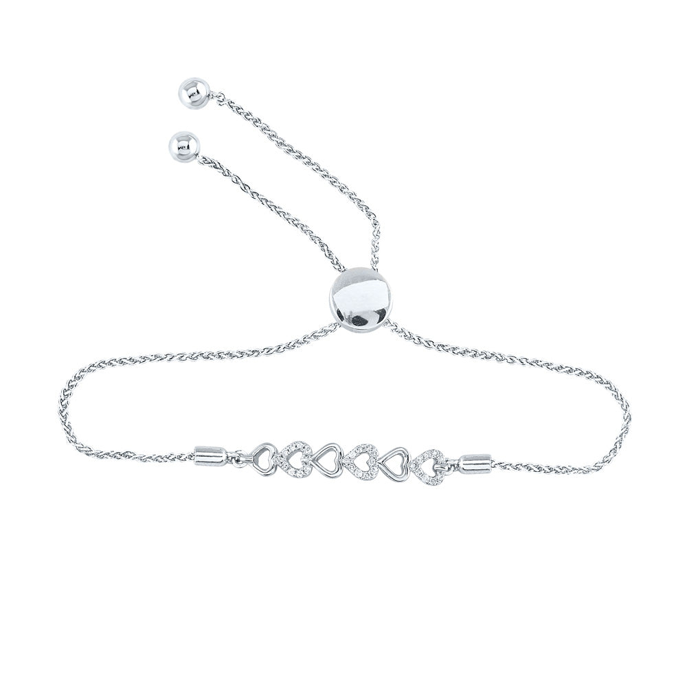 Sterling Silver Womens Round Diamond Linked Heart Bracelet 1/10 Cttw
