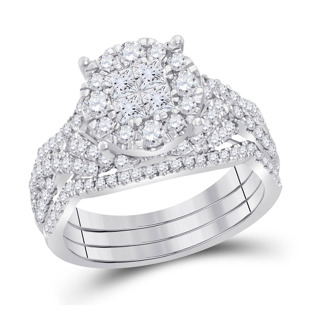 14kt White Gold Princess Diamond Bridal Wedding Ring Band Set 1-1/2 Cttw