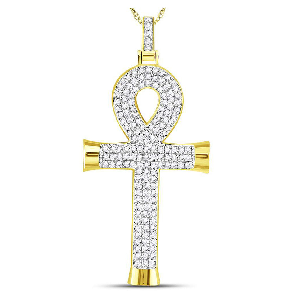 10kt Yellow Gold Mens Round Diamond Ankh Cross Charm Pendant 7/8 Cttw