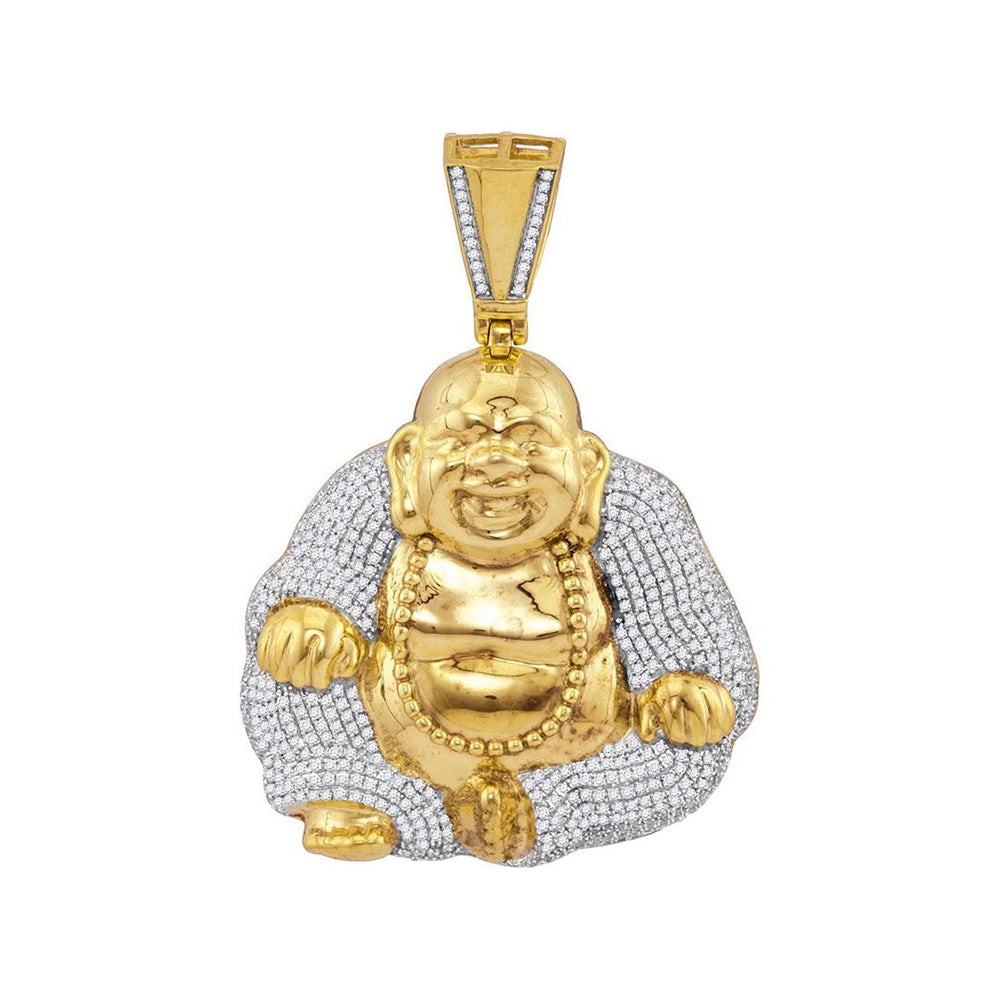 10kt Yellow Gold Mens Round Diamond Laughing Buddha Hotei Charm Pendant 1-3/4 Cttw