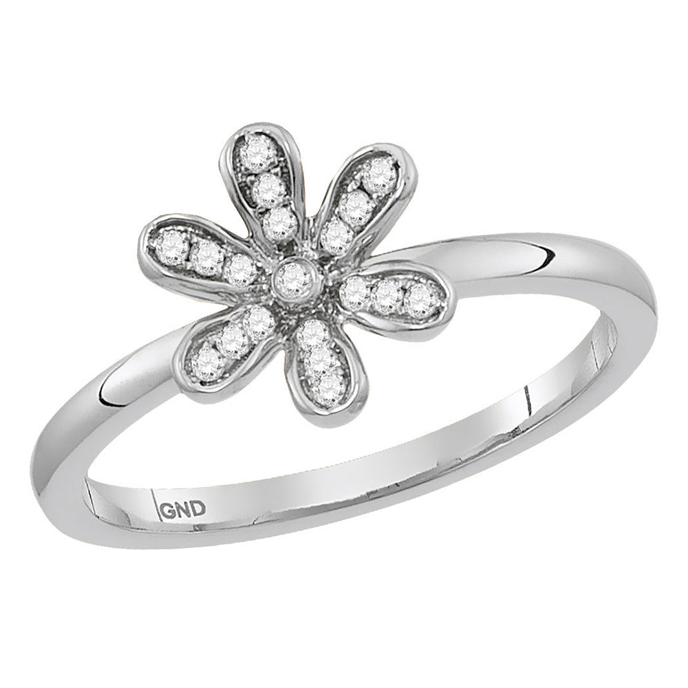 10kt White Gold Womens Round Diamond Flower Floral Stackable Band Ring 1/8 Cttw