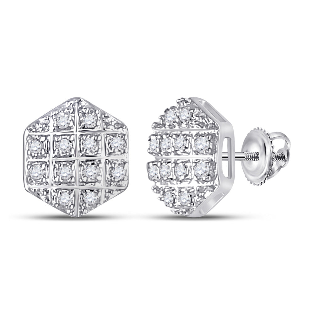 10kt White Gold Round Diamond Hexagon Cluster Earrings 1/10 Cttw