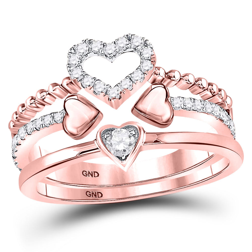 14kt Rose Gold Womens Round Diamond 2-Piece Beaded Heart Band Ring Set 1/3 Cttw