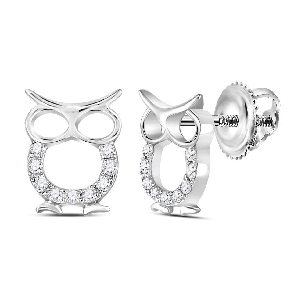 Sterling Silver Womens Round Diamond Owl Bird Animal Earrings 1/6 Cttw