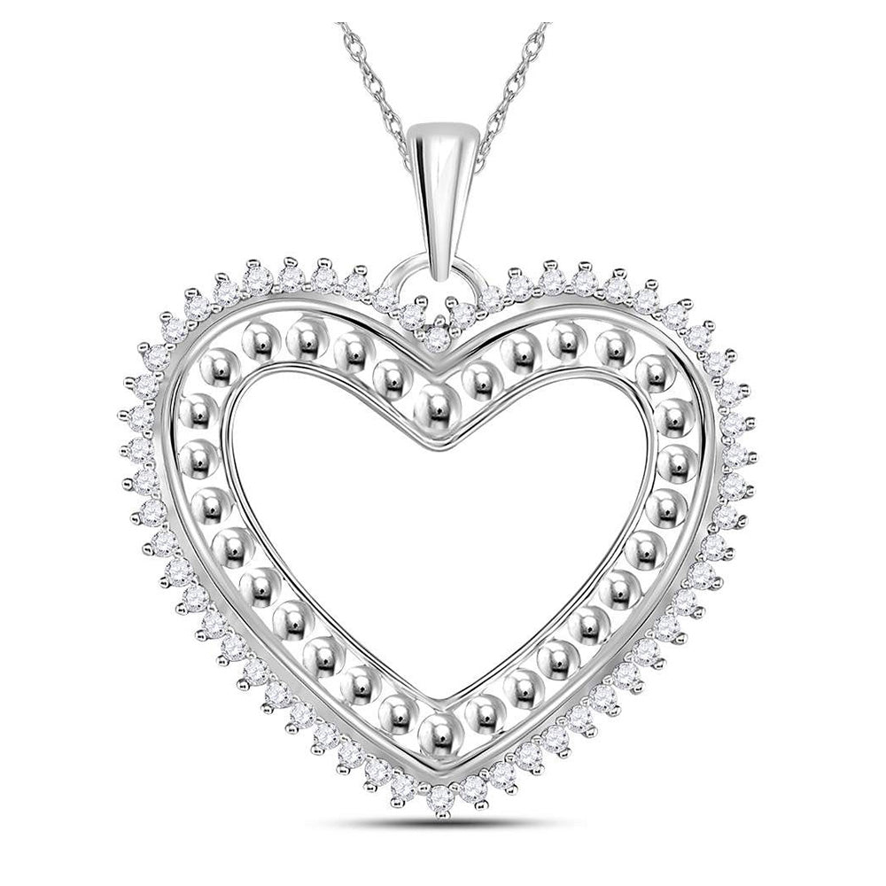 14kt White Gold Womens Round Diamond Beaded Heart Pendant 1/4 Cttw