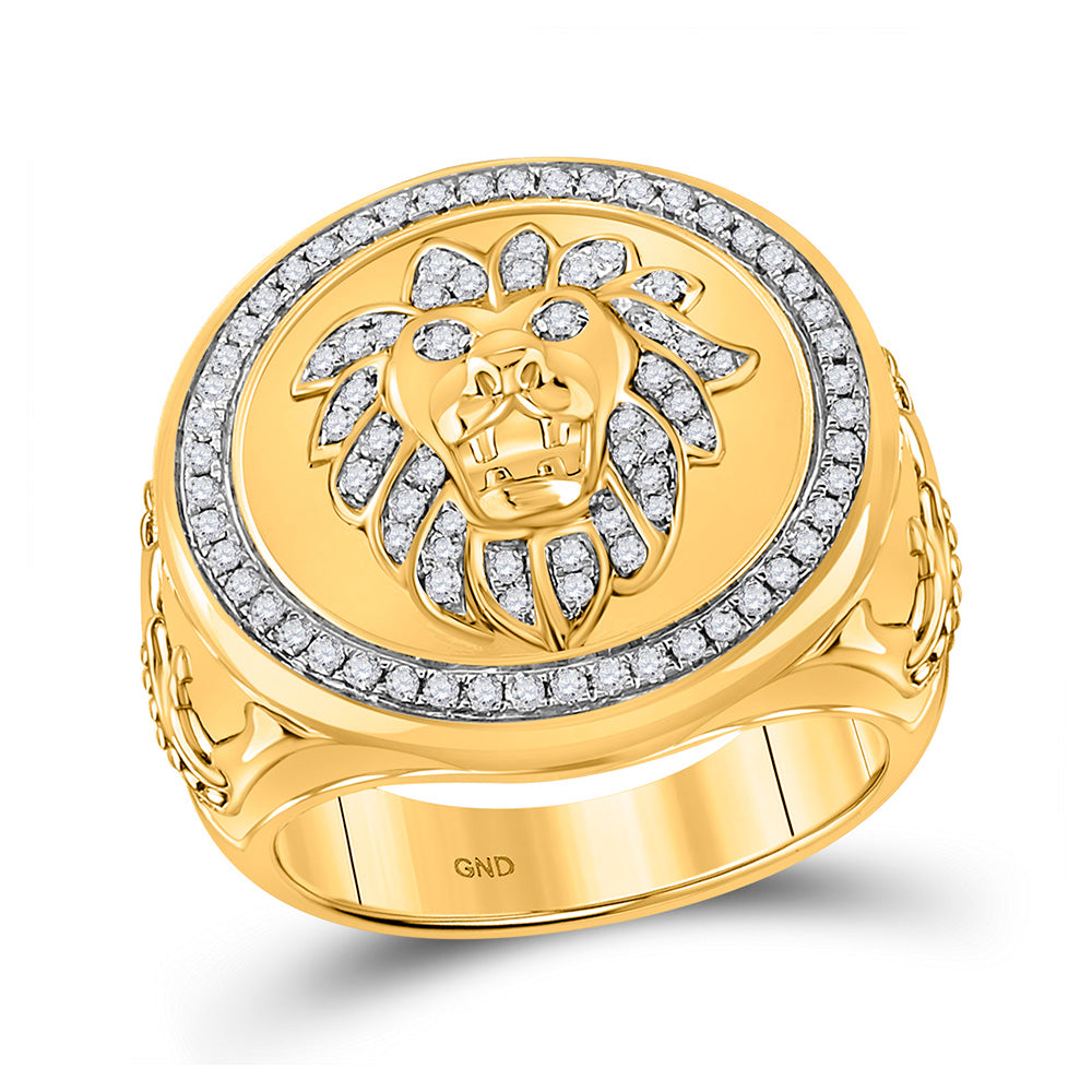 10kt Yellow Gold Mens Round Diamond Lion Circle Ring 5/8 Cttw