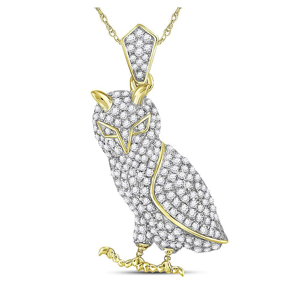 10kt Yellow Gold Mens Round Diamond Owl Bird Animal Charm Pendant 1 Cttw
