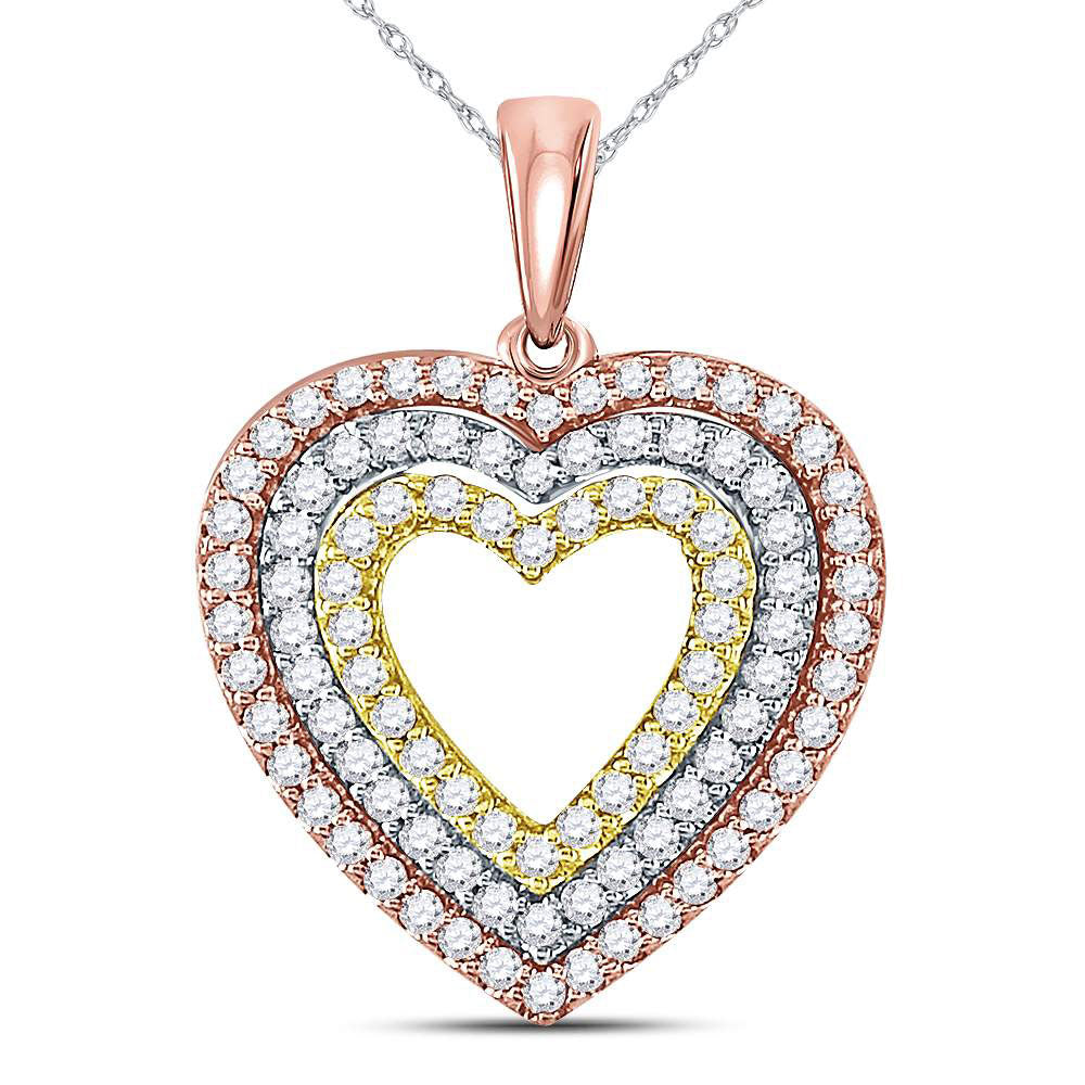 10kt Tri-Tone Gold Womens Round Diamond Heart Pendant 1/2 Cttw