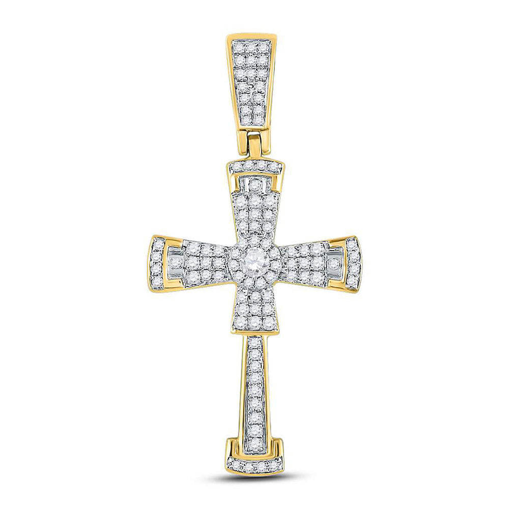 10kt Yellow Gold Mens Round Diamond Flared Cross Crucifix Charm Pendant 1/2 Cttw