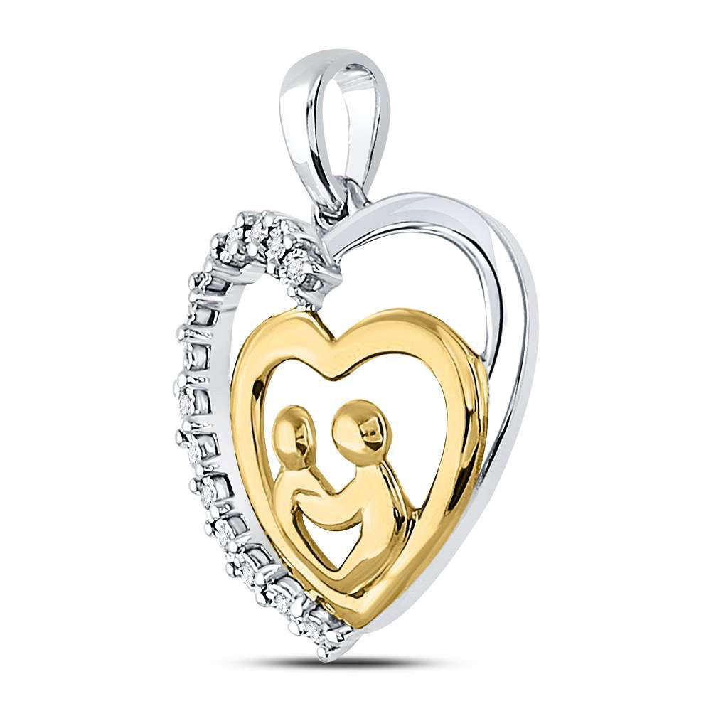 10kt Two-tone Gold Womens Round Diamond Mom Child Heart Pendant 1/20 Cttw