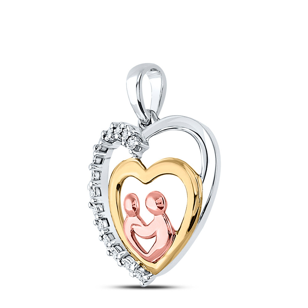 10kt Two-tone Gold Womens Round Diamond Child Mom Heart Pendant 1/20 Cttw