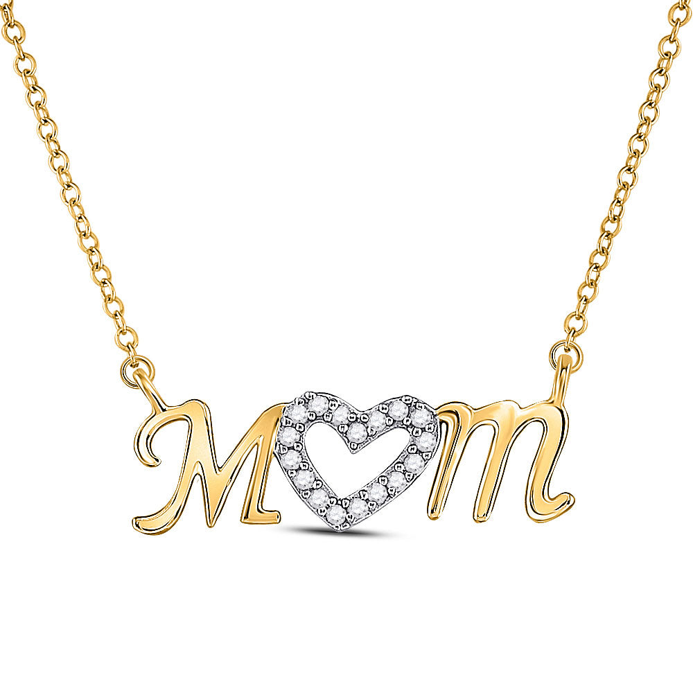 10kt Yellow Gold Womens Round Diamond Heart Mom Mother Necklace 1/10 Cttw