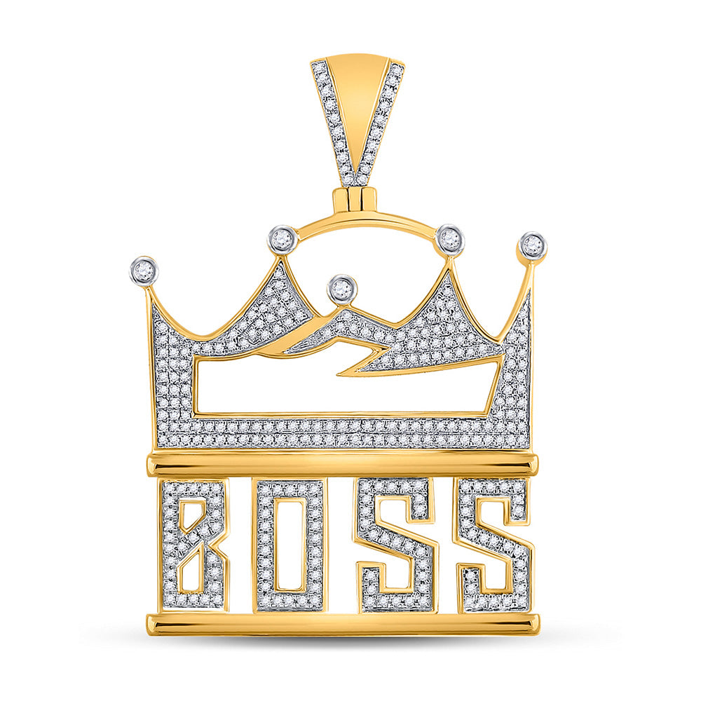 10kt Yellow Gold Mens Round Diamond Boss Crown Phrase Charm Pendant 1 Cttw