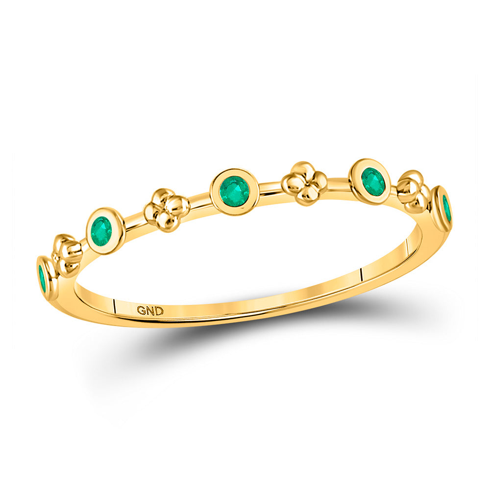10kt Yellow Gold Womens Round Emerald Dot Flower Stackable Band Ring 1/12 Cttw
