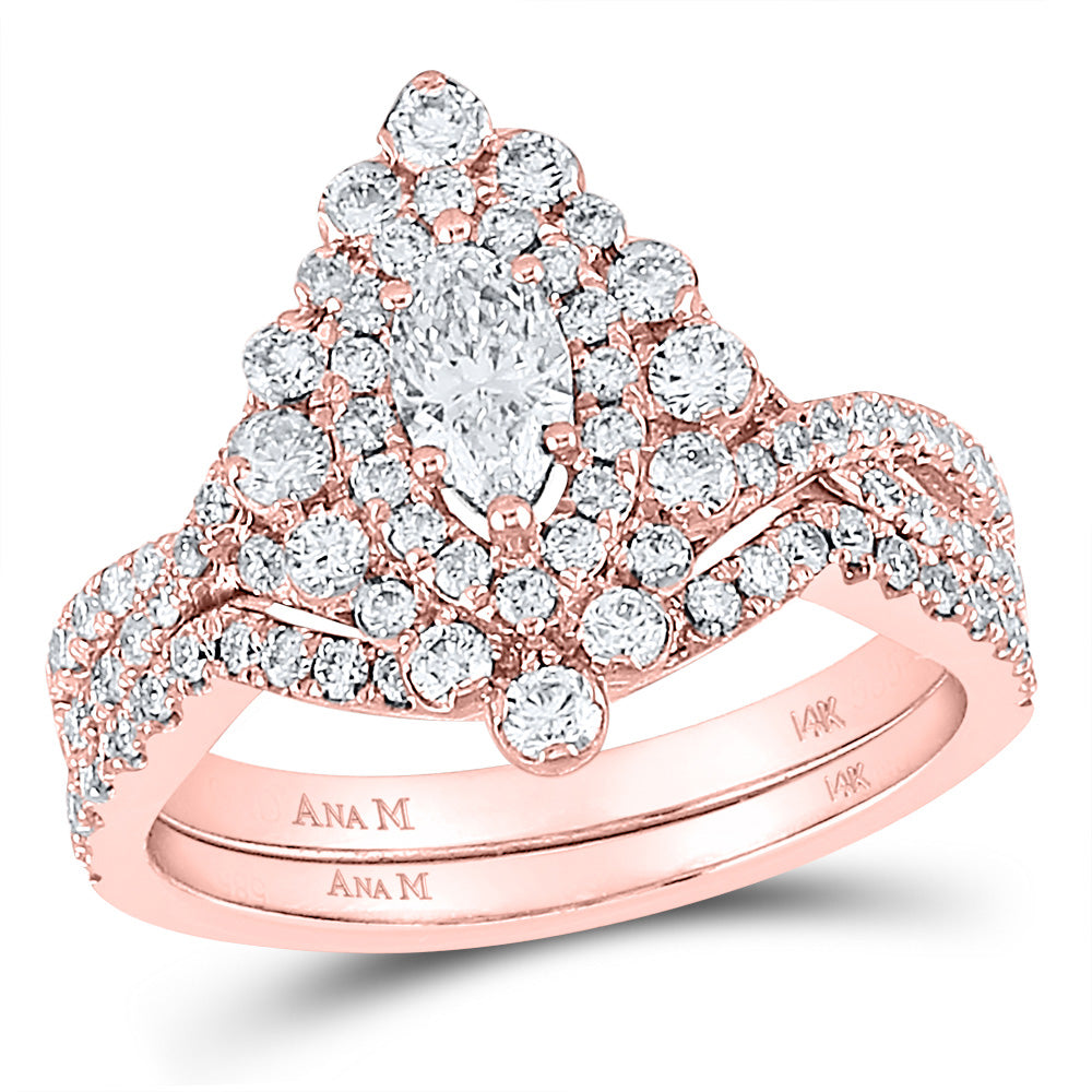 14kt Rose Gold Marquise Diamond Halo Bridal Wedding Ring Band Set 1-7/8 Cttw