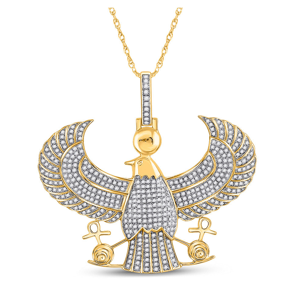 10kt Yellow Gold Mens Round Diamond Eagle Falcon Egyptian Horus Ankh Charm Pendant 1-3/4 Cttw