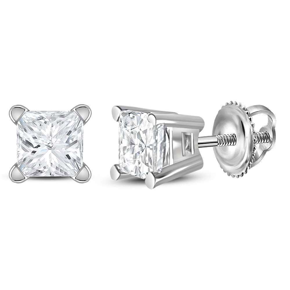 Gold Stud Solitaire Earrings 1/2 Cttw Princess Natural Diamond Womens