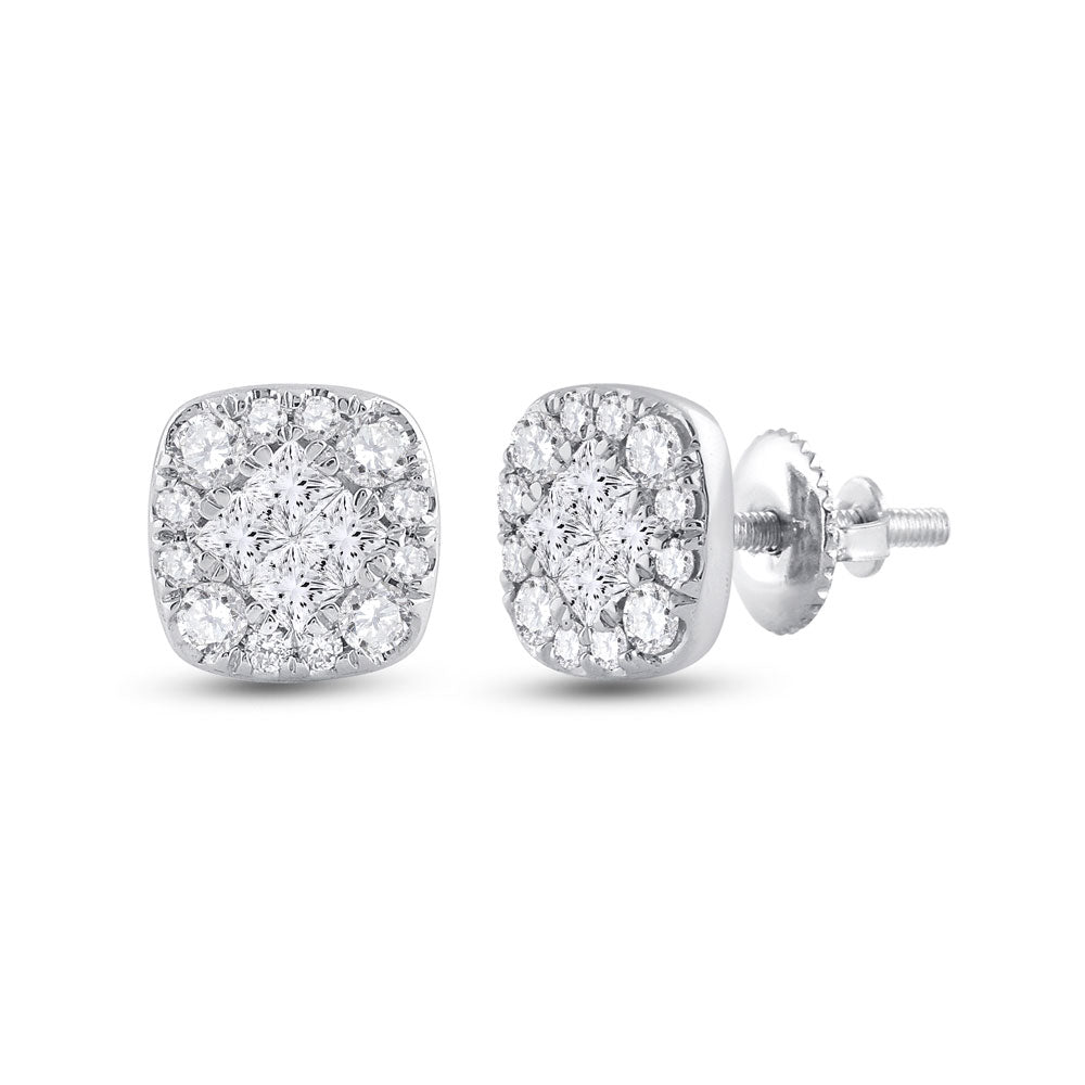 14kt White Gold Womens Princess Round Diamond Square Cluster Earrings 1/2 Cttw