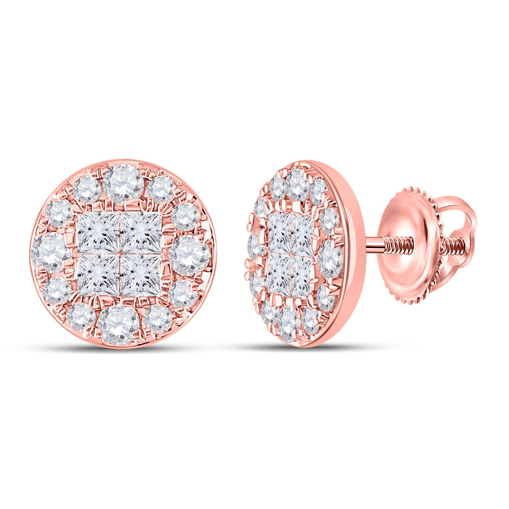 14kt Rose Gold Womens Princess Round Diamond Cluster Earrings 1 Cttw