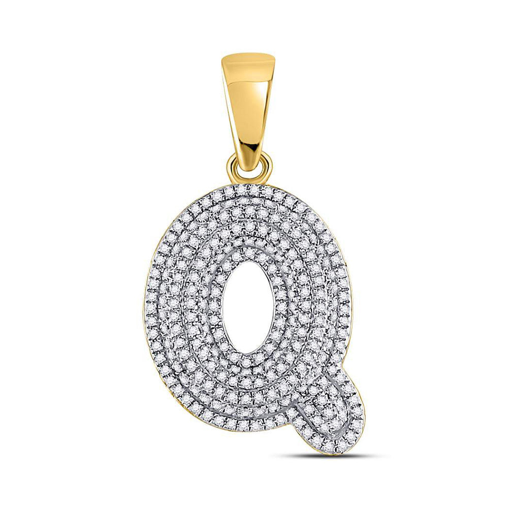 10kt Yellow Gold Mens Round Diamond Letter Q Bubble Initial Charm Pendant 3/4 Cttw