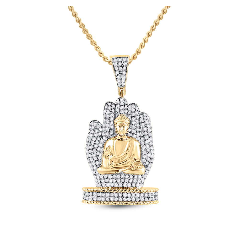 10kt Yellow Gold Mens Round Diamond Buddha Hand Charm Pendant 1-3/4 Cttw
