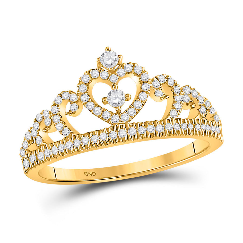 10kt Yellow Gold Womens Round Diamond Heart Crown Fashion Ring 1/4 Cttw