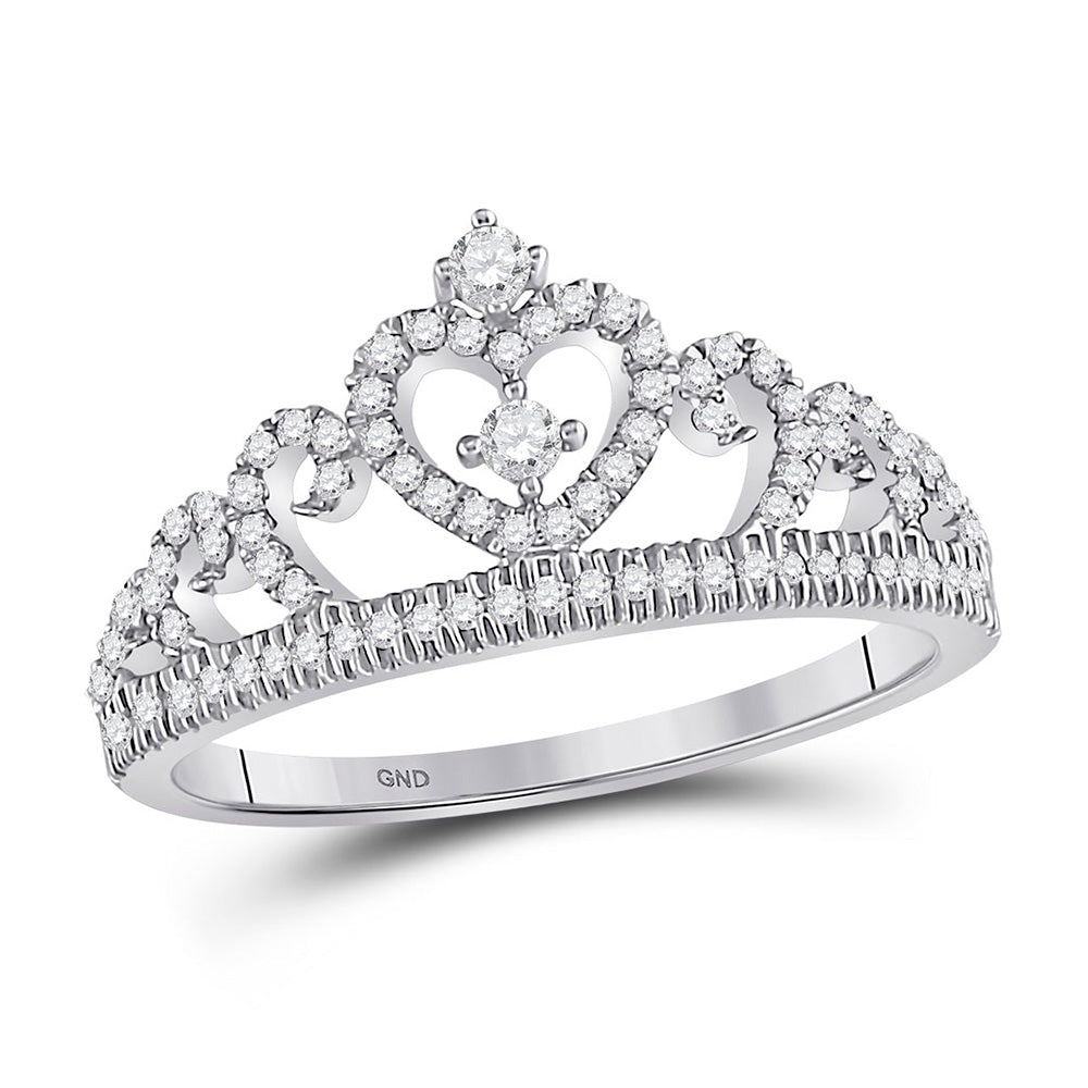 10kt White Gold Womens Round Diamond Heart Crown Ring 1/4 Cttw