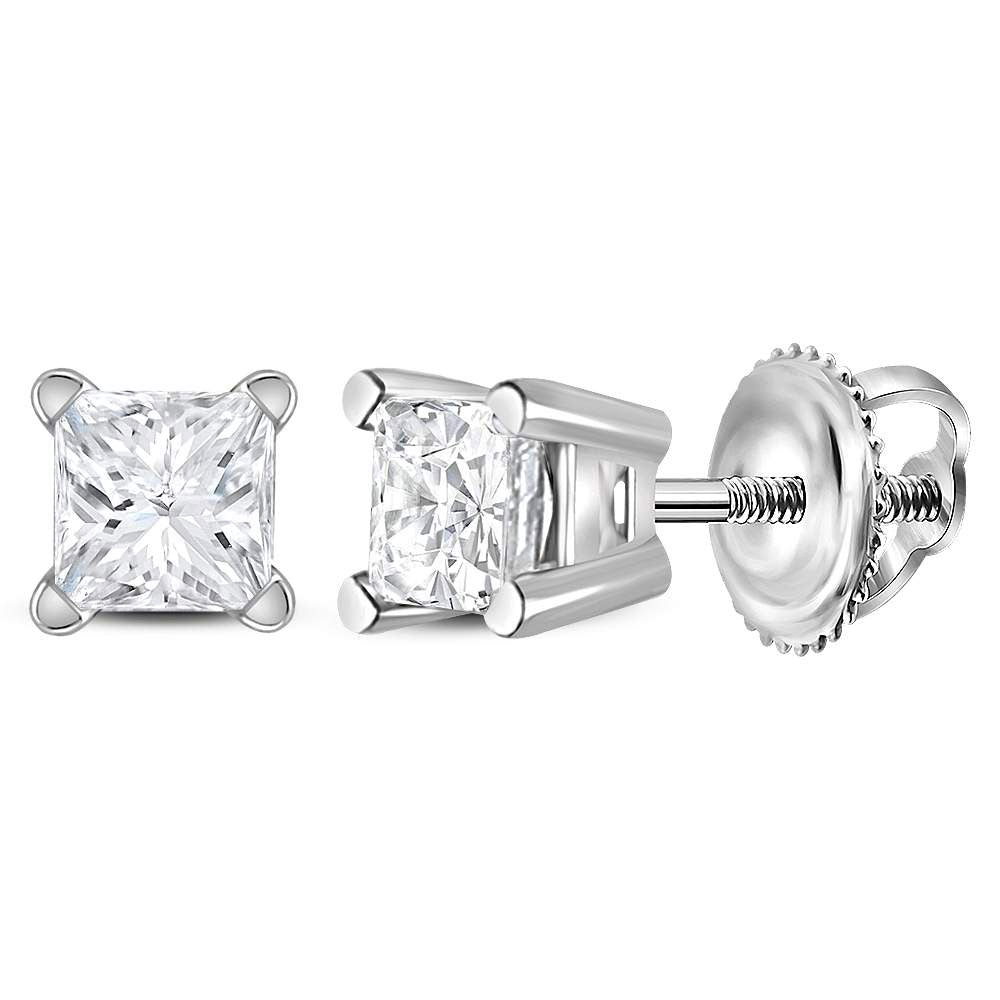 14kt White Gold Unisex Princess Diamond Solitaire Stud Earrings 3/8 Cttw