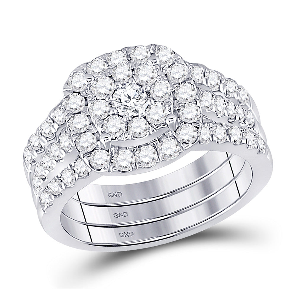 14kt White Gold Round Diamond 3-Piece Bridal Wedding Ring Band Set 1-1/2 Cttw