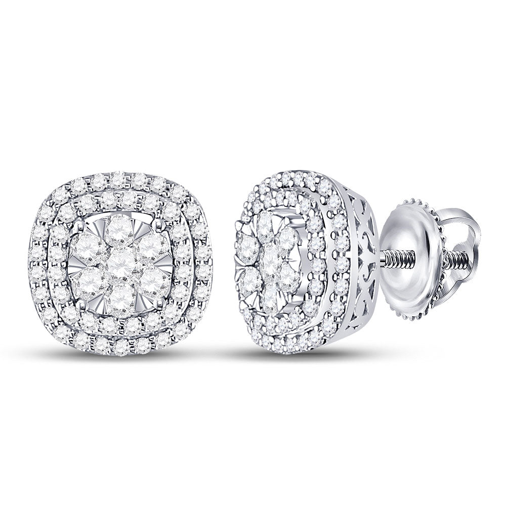 14kt White Gold Womens Round Diamond Cluster Cushion Earrings 1 Cttw