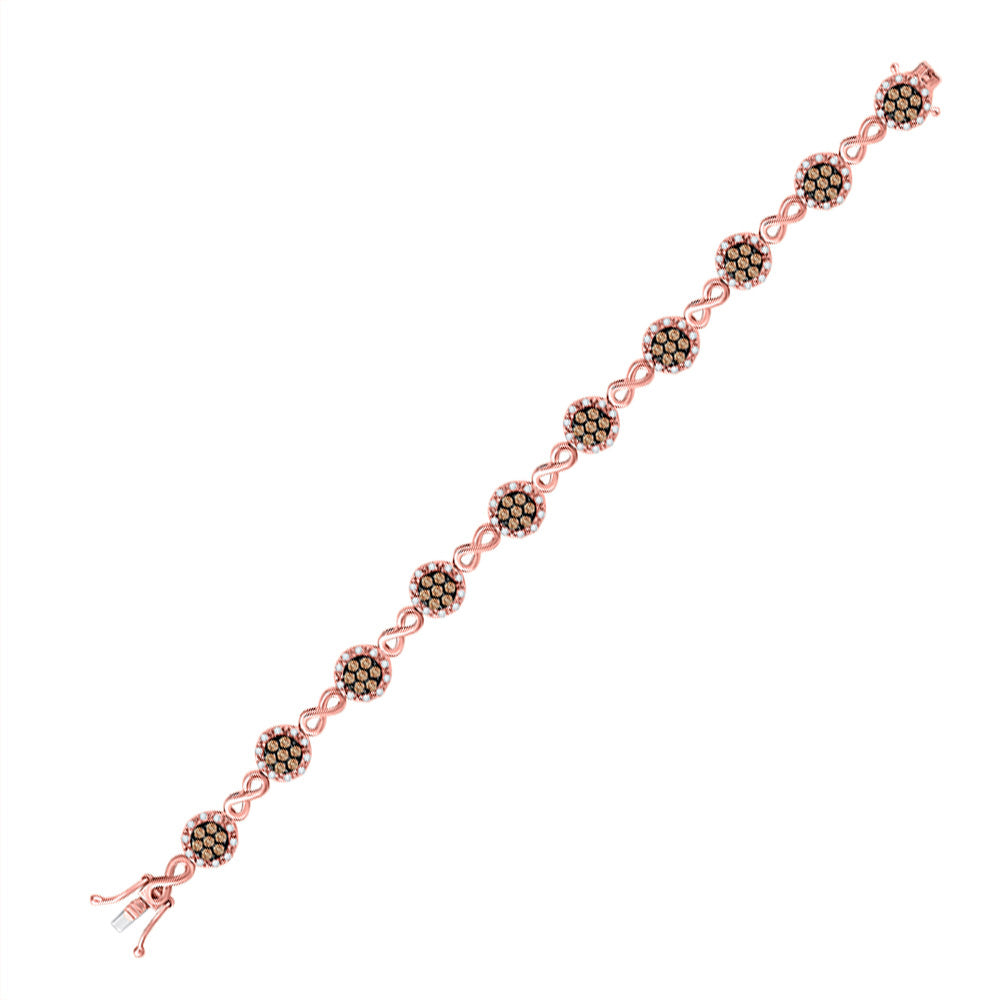 10kt Rose Gold Womens Round Brown Diamond Infinity Link Bracelet 2-1/5 Cttw