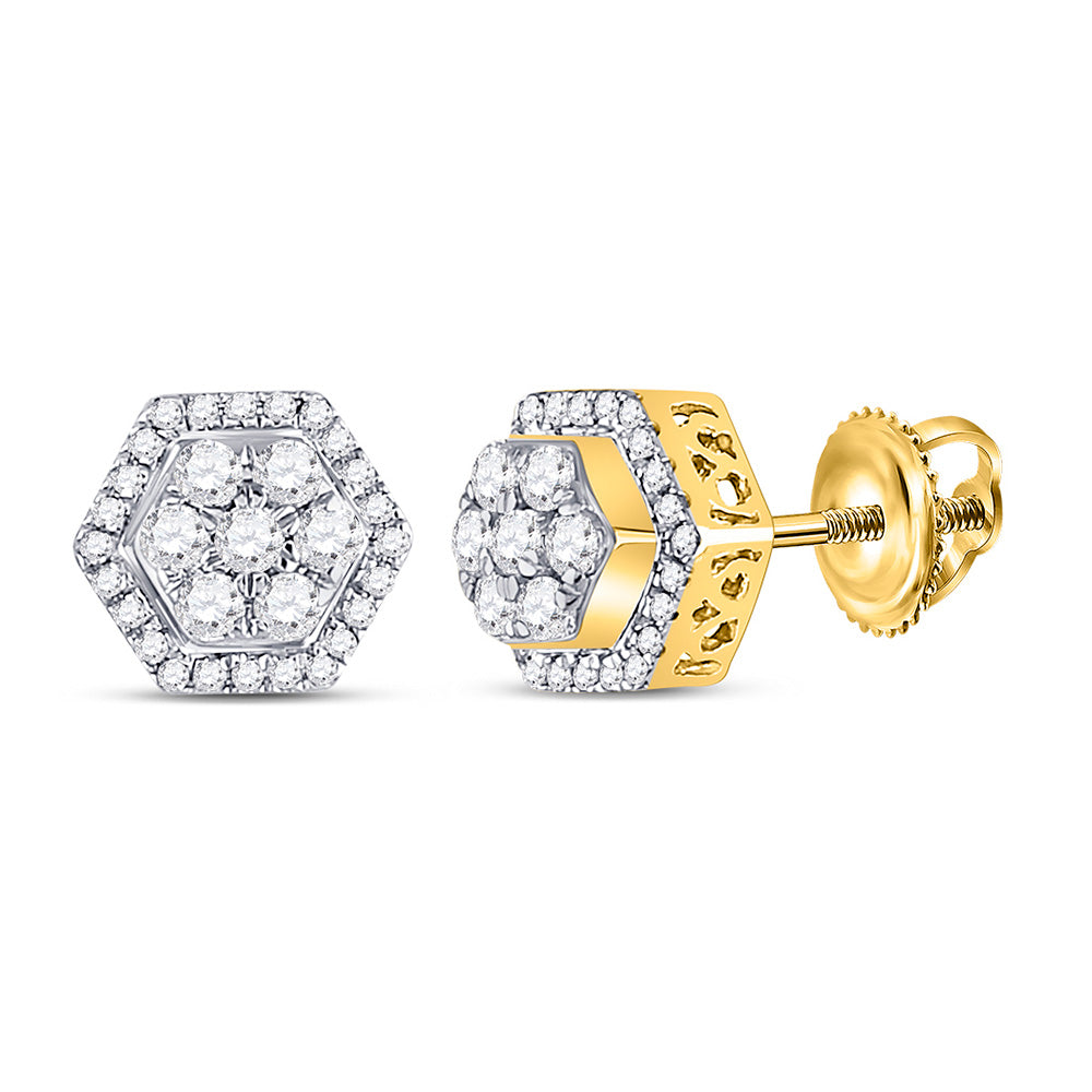 10kt Yellow Gold Round Diamond Hexagon Cluster Earrings 1/2 Cttw
