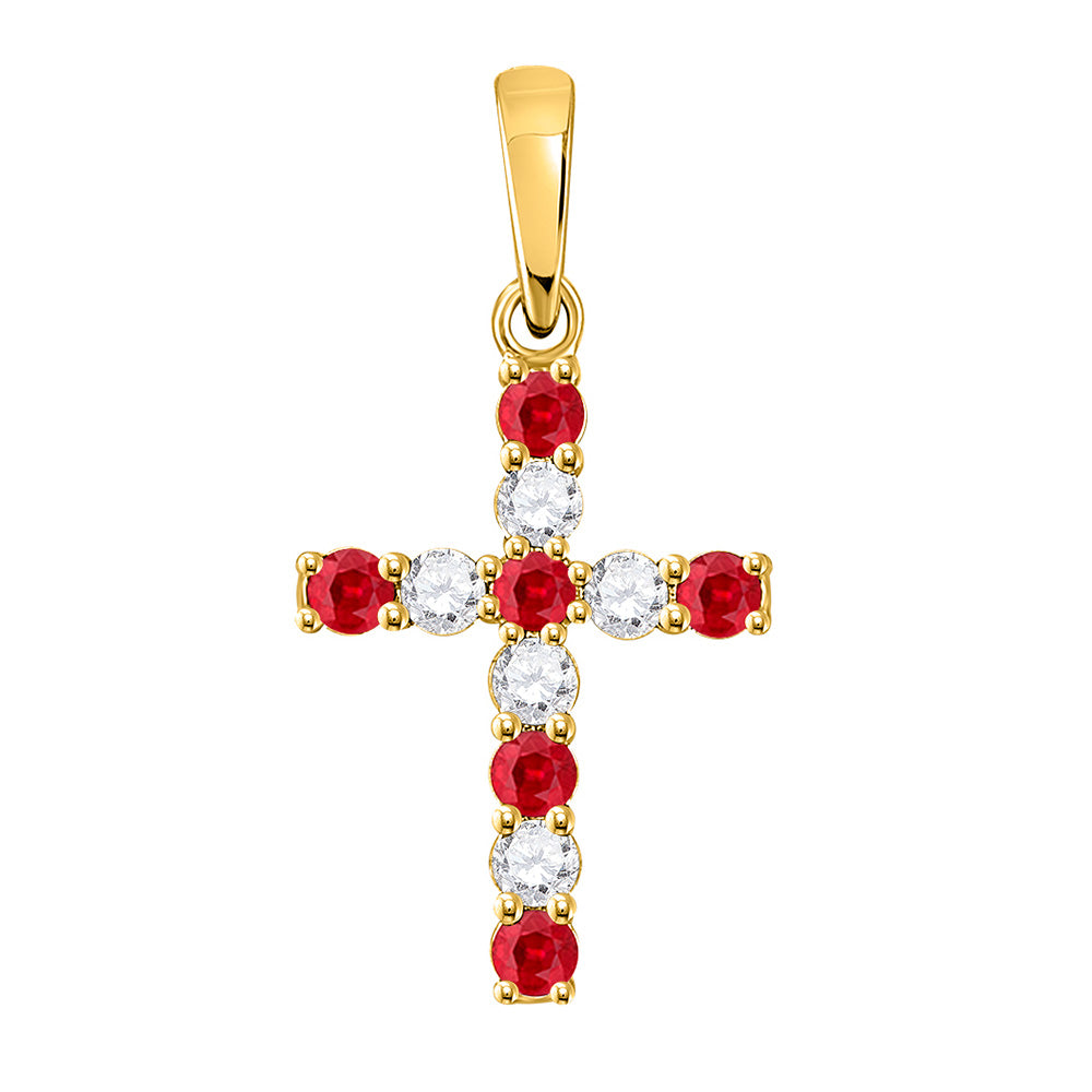 10kt Yellow Gold Womens Round Synthetic Ruby Cross Pendant 3/8 Cttw