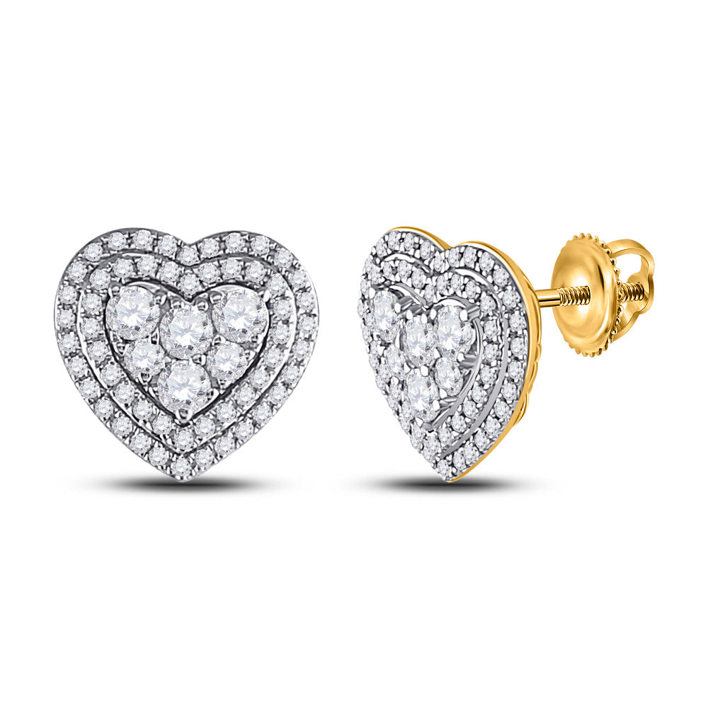 14kt Yellow Gold Womens Round Diamond Heart Cluster Earrings 1 Cttw