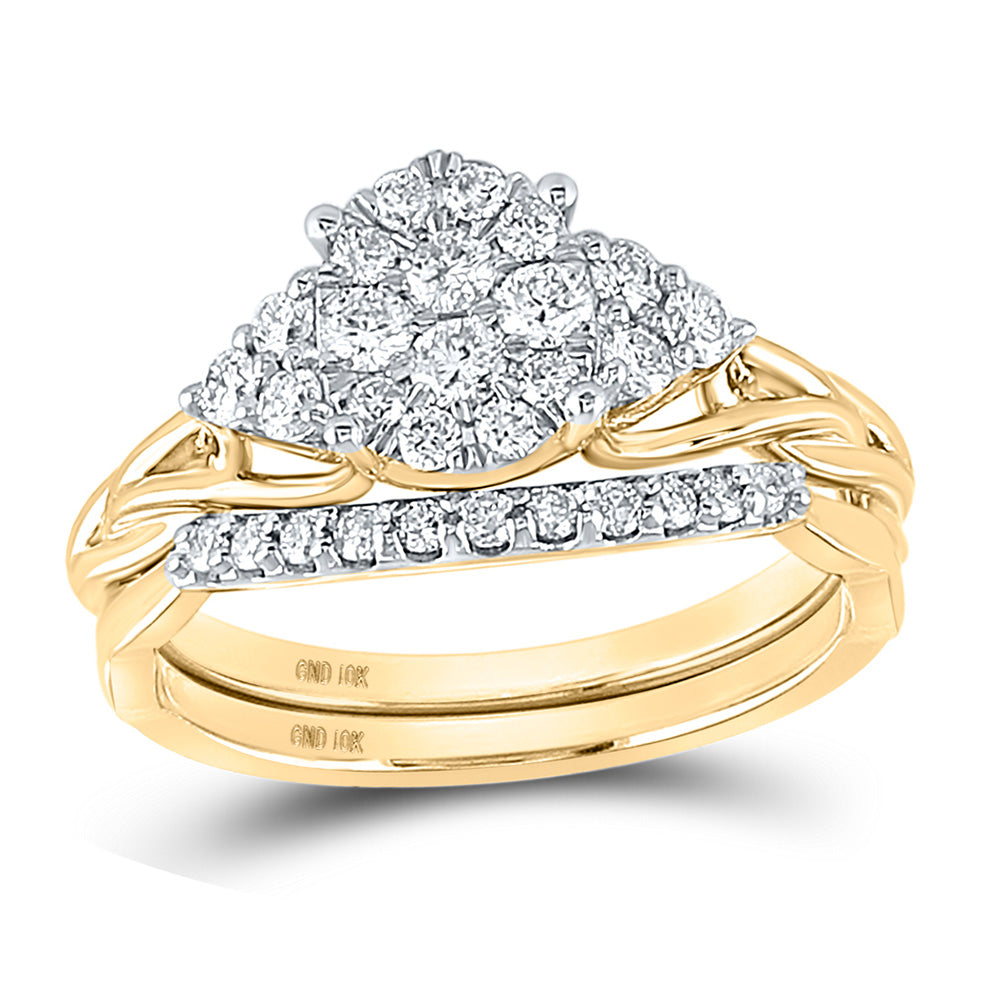 10kt Yellow Gold Round Diamond Cluster Bridal Wedding Ring Band Set 5/8 Cttw