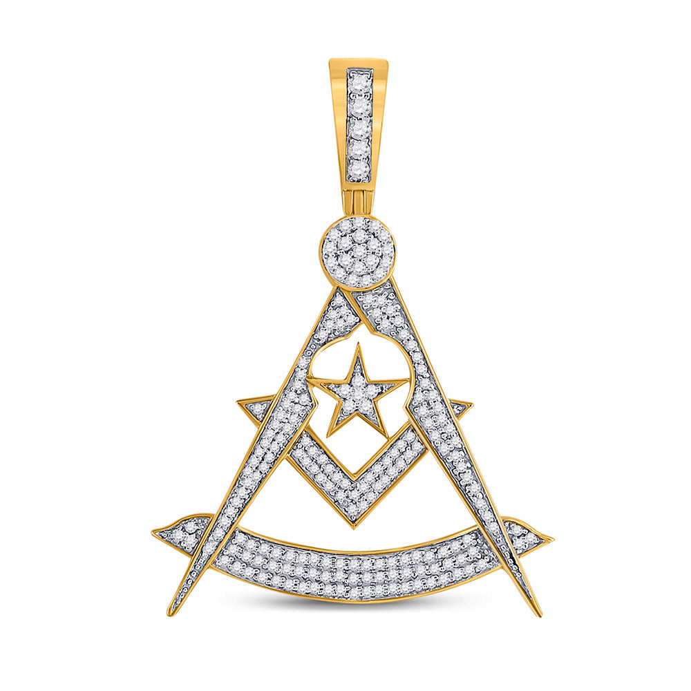 10kt Yellow Gold Mens Round Diamond Freemason Compass Charm Pendant 7/8 Cttw
