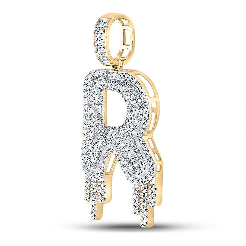 10kt Yellow Gold Mens Round Diamond Dripping R Letter Charm Pendant 3/4 Cttw