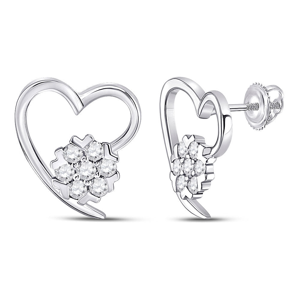 10kt White Gold Womens Round Diamond Heart Earrings 1/5 Cttw