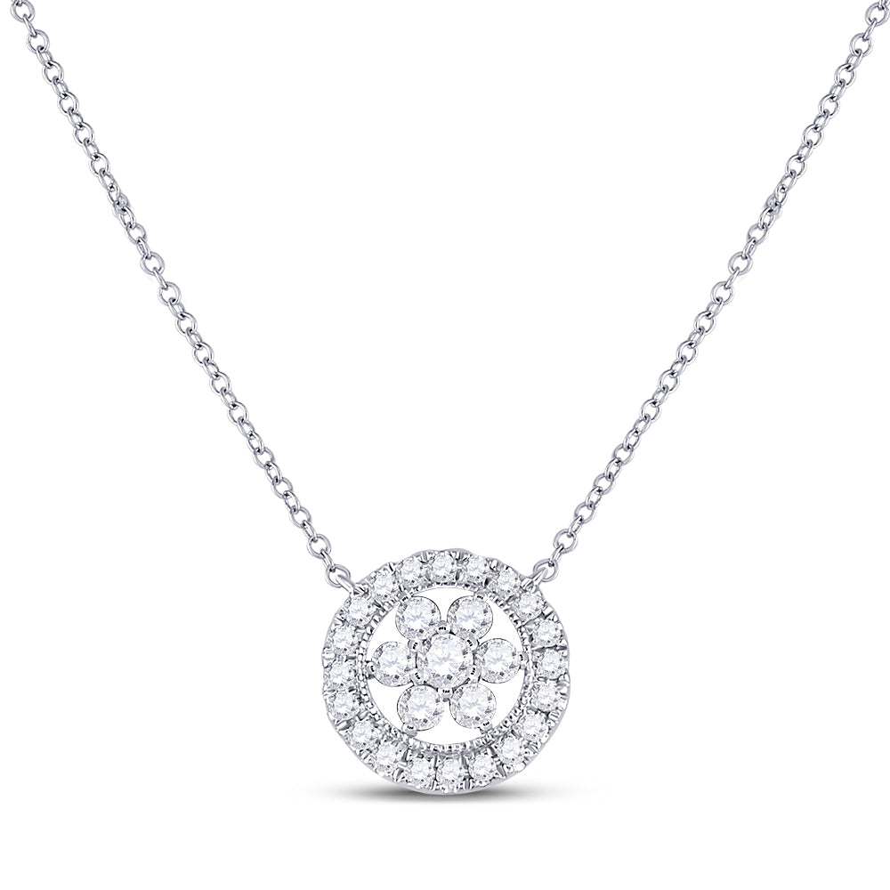 14kt White Gold Womens Round Diamond Floral Cluster Necklace 1/3 Cttw