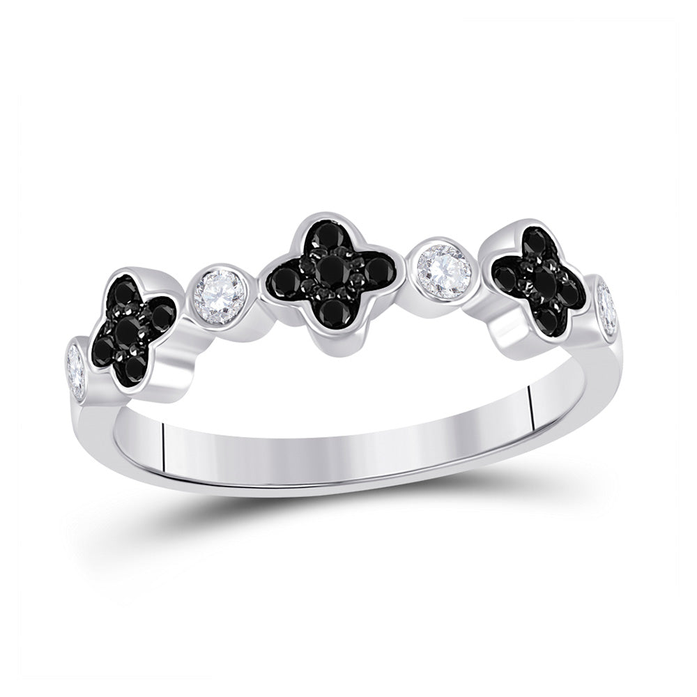 10kt White Gold Womens Round Black Color Enhanced Diamond Clover Band Ring 1/4 Cttw