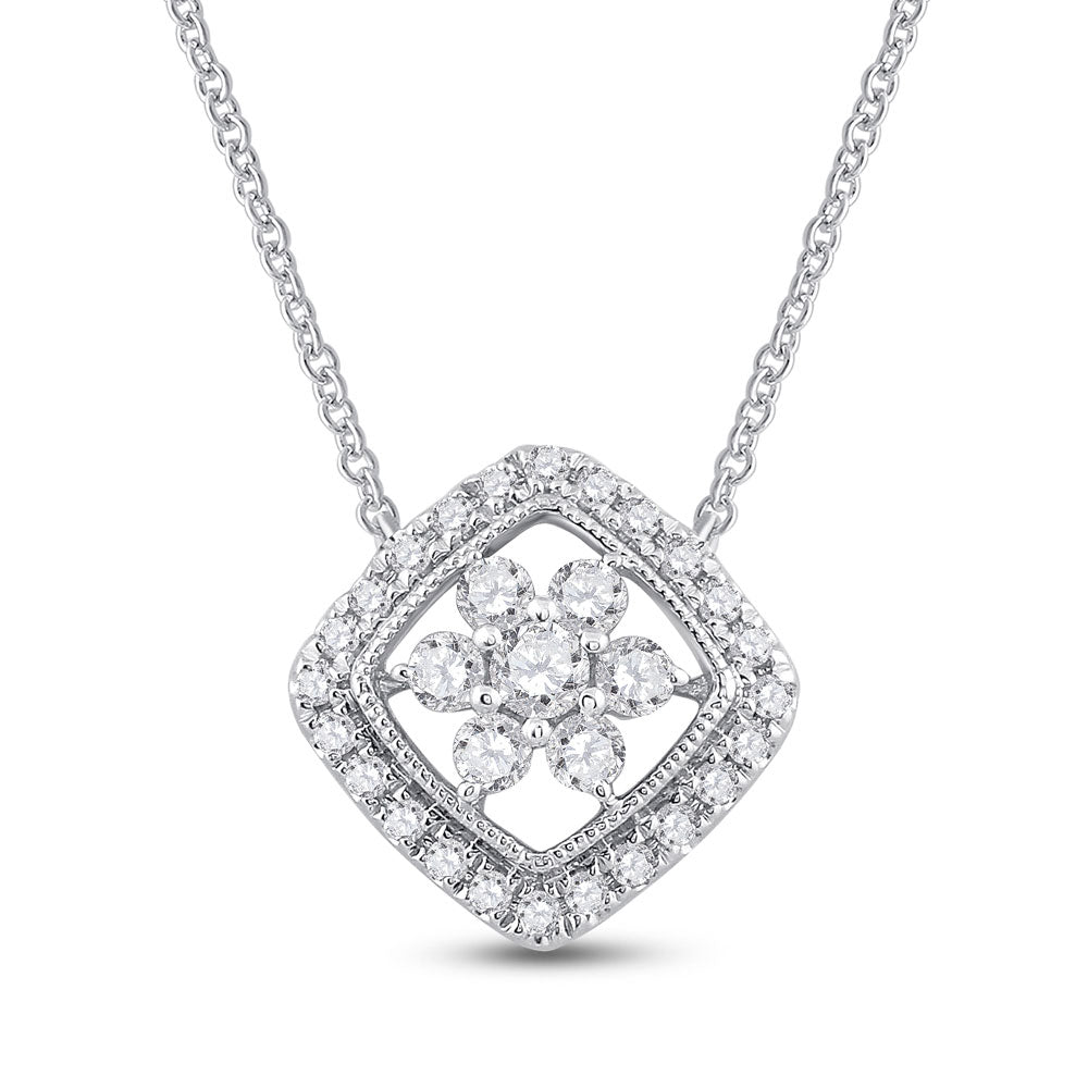 14kt White Gold Womens Round Diamond Offset Square Cluster Necklace 1/2 Cttw