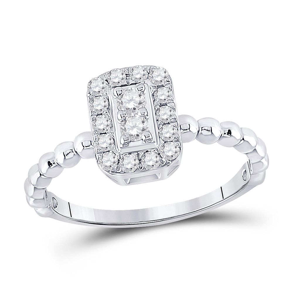 10kt White Gold Womens Round Diamond Beaded Rectangle Cluster Ring 1/3 Cttw