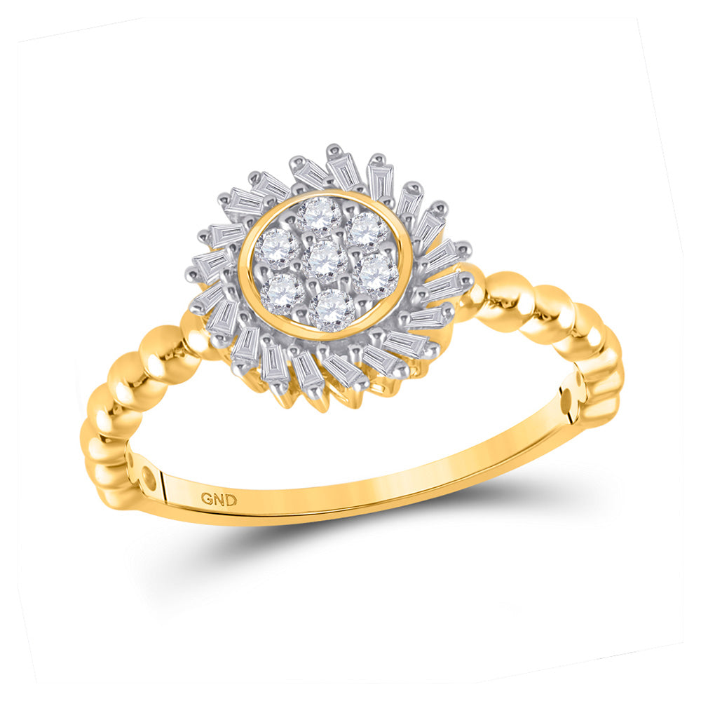 10kt Yellow Gold Womens Round Diamond Baguette Flower Cluster Ring 1/3 Cttw