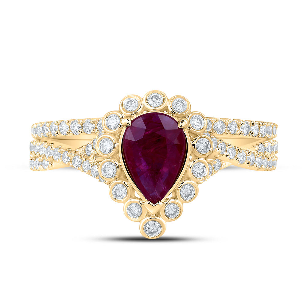 14kt Yellow Gold Pear Ruby Solitaire Bridal Wedding Ring Band Set 1-7/8 Cttw